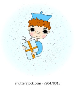 Illustration of a Boy Holding a Gift in a Beautifully