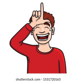 Illustration of a boy holding his hand to his forehead and symbolizing an L for losers. red sweater, laugh, mobbing, tears, evil, sarcastic.