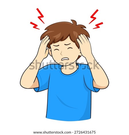 Illustration of a boy holding his head with pain symbols, representing headache, stress, dizziness, illness, fatigue, or health problems. Suitable for medical, health, and education designs