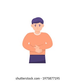 illustration of a boy holding his stomach. the expression of a person who is not feeling well or has stomach ailments. nauseous, hungry. flat style. vector design