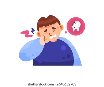 illustration of a boy holding his swollen cheek. feeling uncomfortable and pain in the cheek and teeth. concept of toothache and cavities. health problems. expression and gesture. flat style character