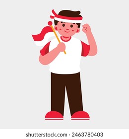 Illustration of a boy holding a Indonesia flag, wearing a headband and casual clothing. He looks cheerful and triumphant.