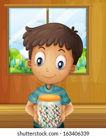 Ilustração de um menino segurando um jarro de bolas de doces