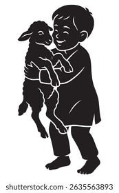 Illustration of boy holding lamb graphic design for children's book animal and kid friendship art silhouette, eid mubarak, eid ul adha