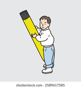 Illustration of a boy holding a large pencil with both hands. Hand drawn vector elements.