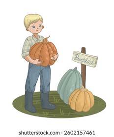 Illustration of a boy holding a large pumpkin in a pumpkin patch, with other pumpkins around.