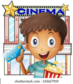 Illustration of a boy holding a pail of popcorn and a ticket outside the cinema on a white background