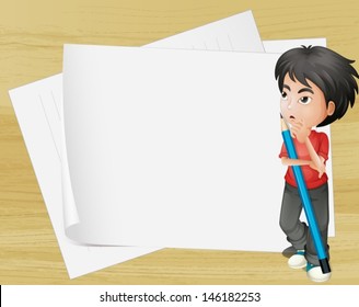 Illustration of a boy holding a pencil beside the empty papers