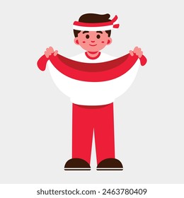 Illustration of a boy holding a red and white Indonesia flag. He is wearing a matching outfit and headband.