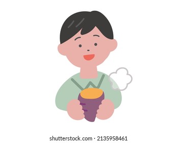 Illustration of a boy holding a roasted sweet potato