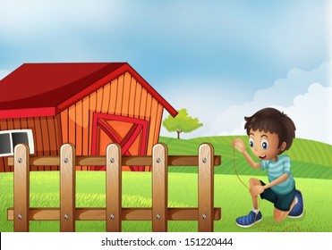 Illustration of a boy holding a rope at the farm