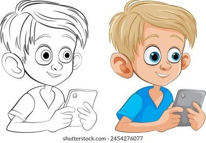 Illustration of a boy holding a tablet, colored and outlined.