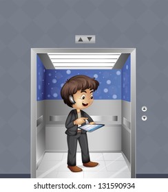 Illustration of a boy holding a tablet inside the elevator