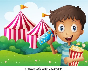 Illustration of a boy holding a ticket and a pail of popcorn