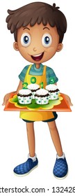 Illustration of a boy holding a tray of cupcakes on a white background