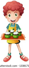 Illustration of a boy holding a tray of cupcakes on a white background