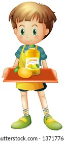 Illustration of a boy holding a tray with mango juice on a white background