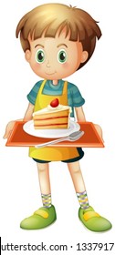 Illustration of a boy holding a tray with a slice of cake in a plate on a white background