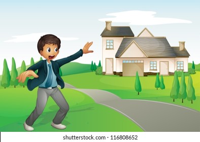 illustration of a boy and a house in a beautiful nature