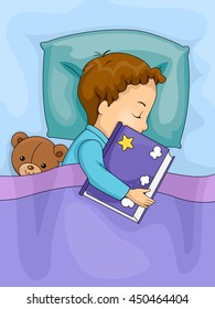 Illustration of a Boy Hugging a Book While Sleeping