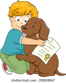 Illustration of a Boy Hugging His Pet Dog After He Has Been Officially Adopted