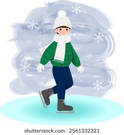 Illustration of a boy ice skating in winter attire, set against a snowy background with falling snowflakes. A fun and cozy scene celebrating winter activities and the holiday season.