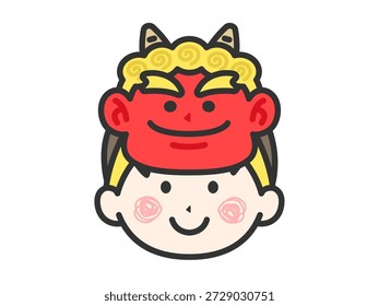 Ilustração de um ícone de menino (desenho de linha) usando uma máscara de demônio vermelho