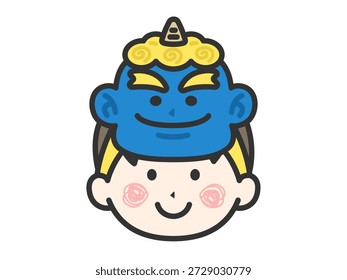 Illustration of a boy icon (line drawing) wearing a blue demon mask
