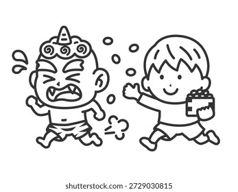 Ilustração de um ícone de menino (desenho de linha) confrontando um demônio azul