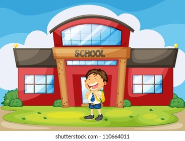 illustration of a boy infront of school