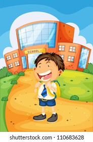 ilustración de un niño frente a la escuela