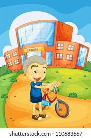 ilustración de un niño frente a la escuela