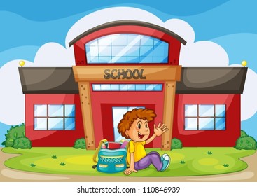 ilustración de un niño frente a la escuela