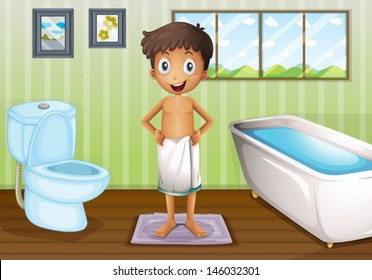 Illustration of a boy inside the bathroom 