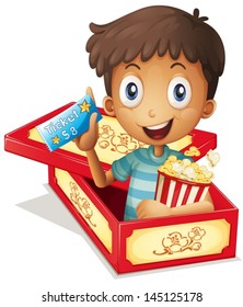 Illustration of a boy inside the box holding a popcorn and a ticket on a white background