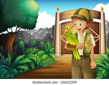 Ilustração de um menino dentro do portão com seu papagaio