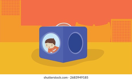 Ilustração de um menino dentro de uma caixa de presente em um fundo laranja