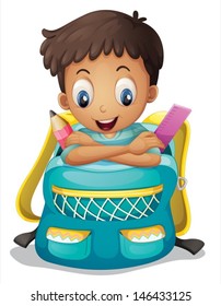 Illustration of a boy inside a schoolbag on a white background 