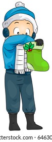 Illustration of a Boy Inspecting His Christmas Stocking