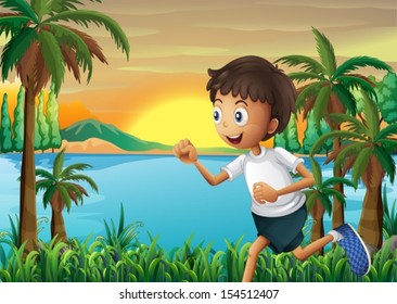 Illustration of a boy jogging near the river