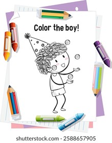 Illustration of a boy juggling with crayons