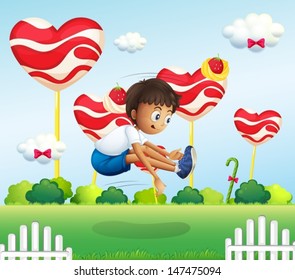 Illustration of a boy jumping in the field with giant lollipops