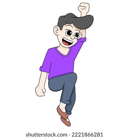 illustration of boy jumping happily reaching marketing target. vector design illustration art