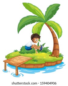 Illustration of a boy jumping at the island on a white background