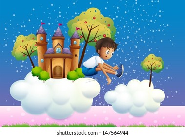 Illustration of a boy jumping near the castle