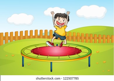 Illustration of a boy jumping on a trampoline in a beautiful nature