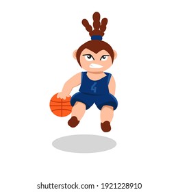 Illustration of boy jumps while holding basketball, doing slamdunk. For basketball content. Flat cartoon, flat design