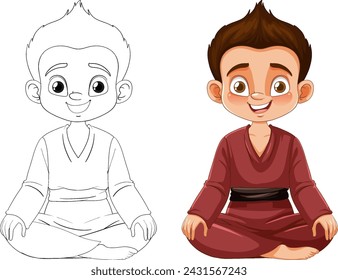 Illustration of a boy in karate attire, colored and sketched.