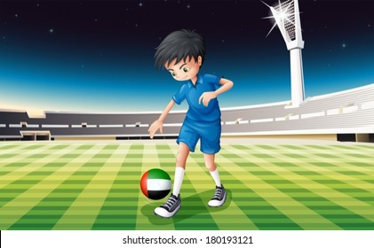 Illustration of a boy kicking the ball with the United Arab Emirates flag