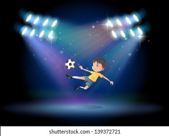 Illustration of a boy kicking the soccer ball at the stage